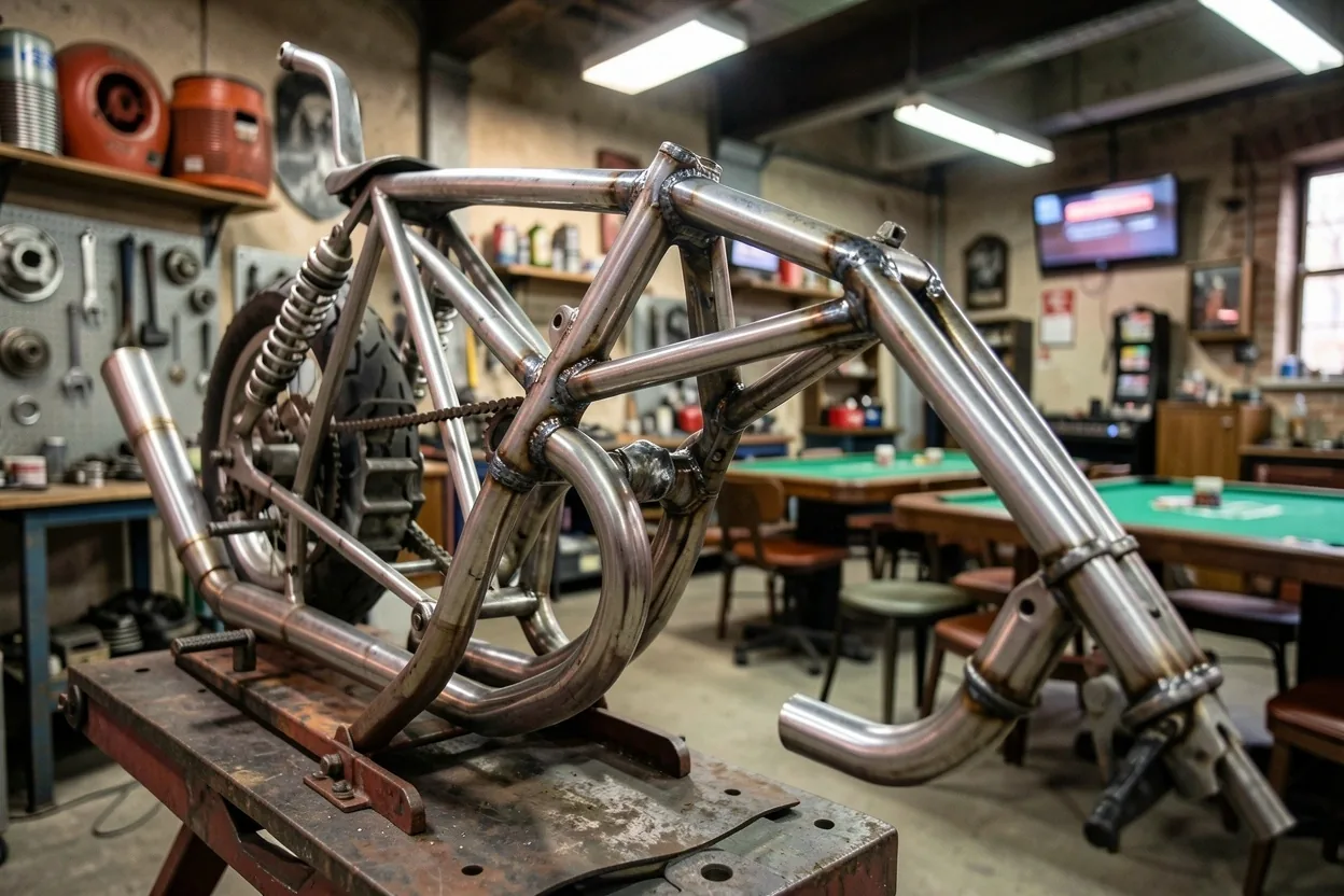 Custom motorcycle chassis in the Dilorian workshop
