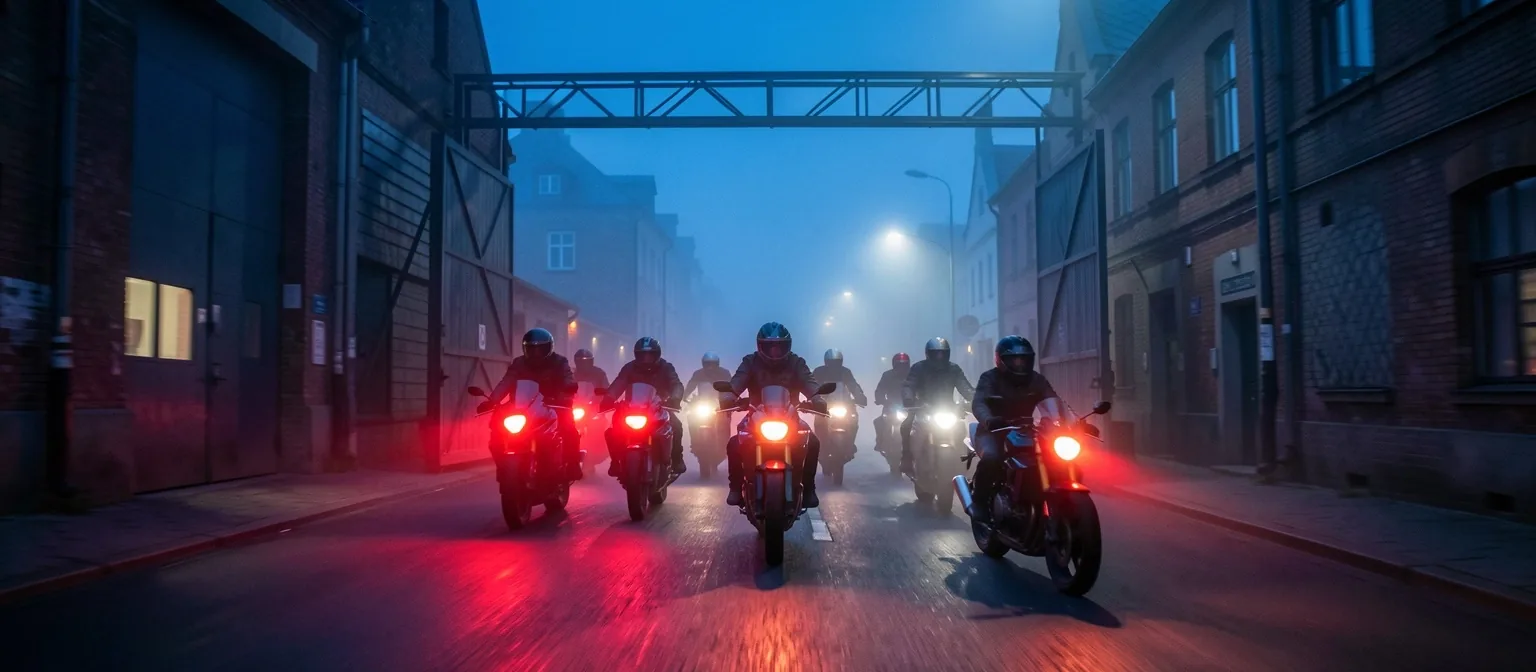Grupa motocyklistów wyruszająca na wieczorną przejażdżkę z Dilorian