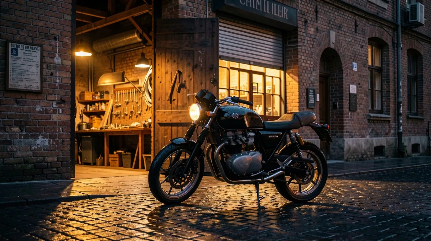 Motocykl przed warsztatem Dilorian o zmierzchu