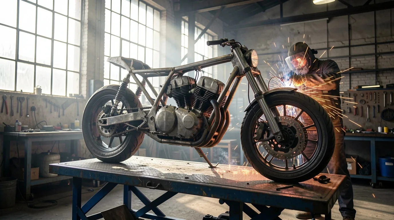 Projekt custom motocykla w budowie na podnośniku warsztatowym Dilorian