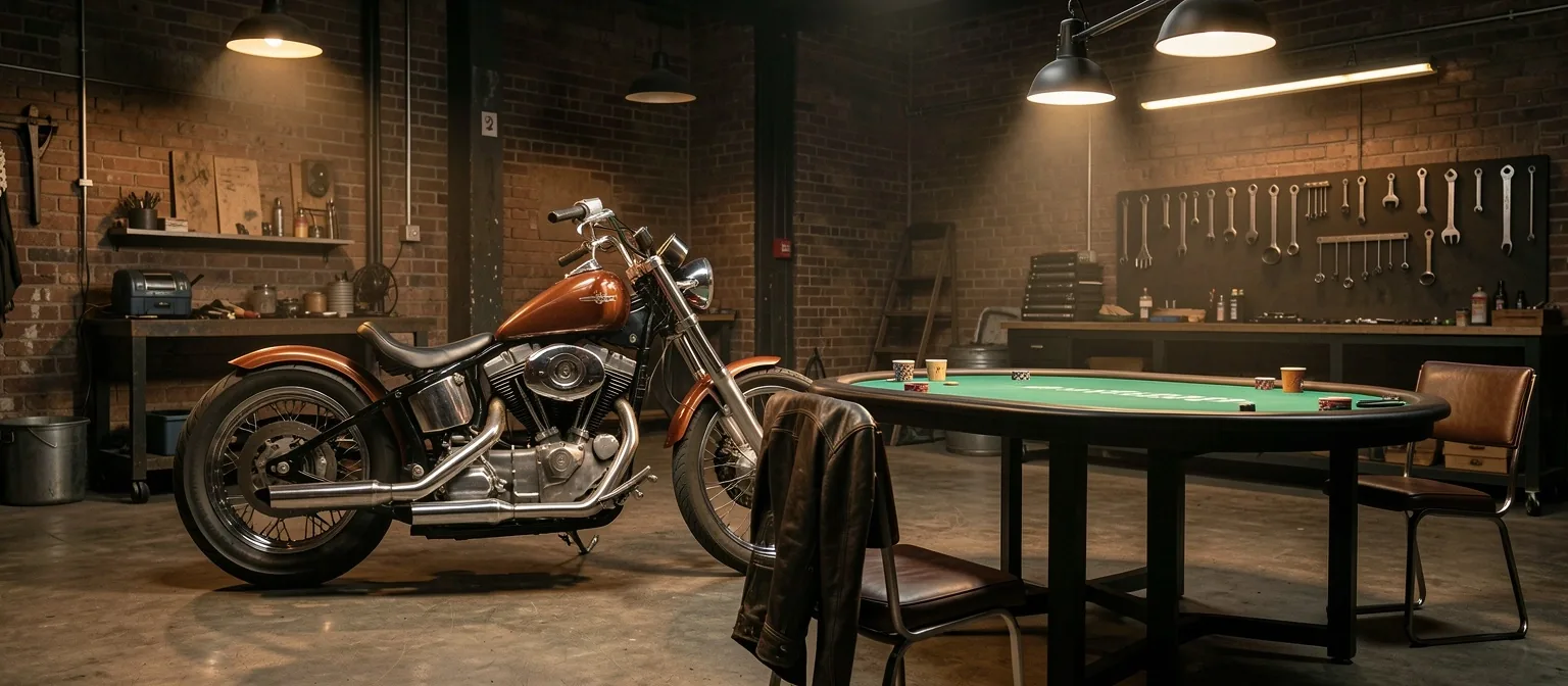 Motocykl obok stołu pokerowego w klubie Dilorian
