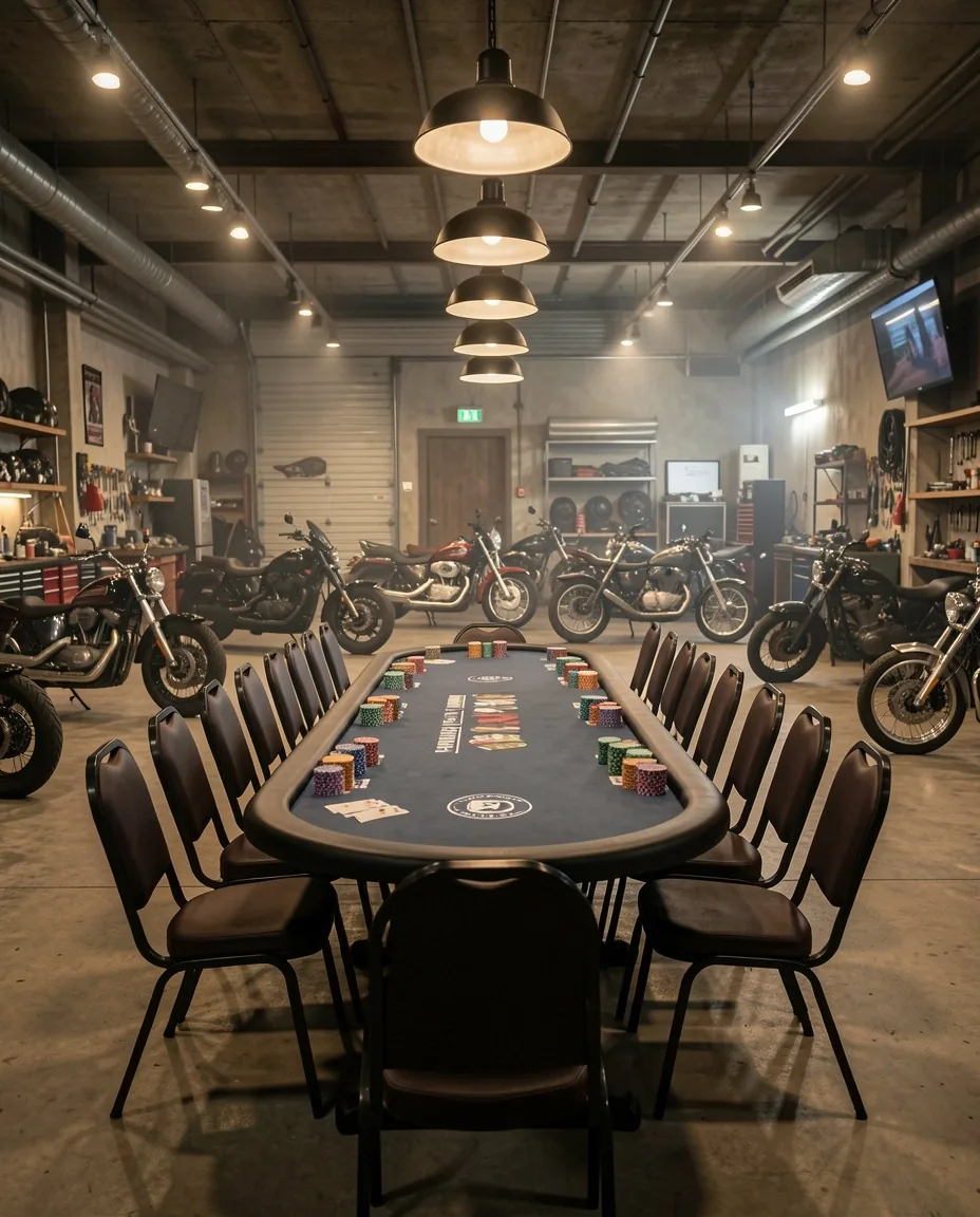 Stół pokerowy w klubie Dilorian przed wieczorną rozgrywką