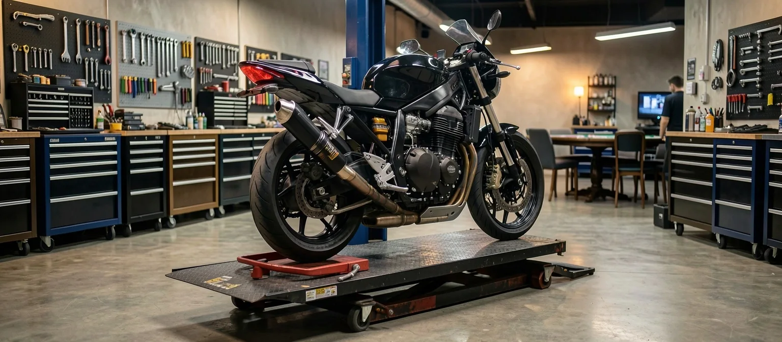 Mechanik Dilorian pracujący nad silnikiem motocykla