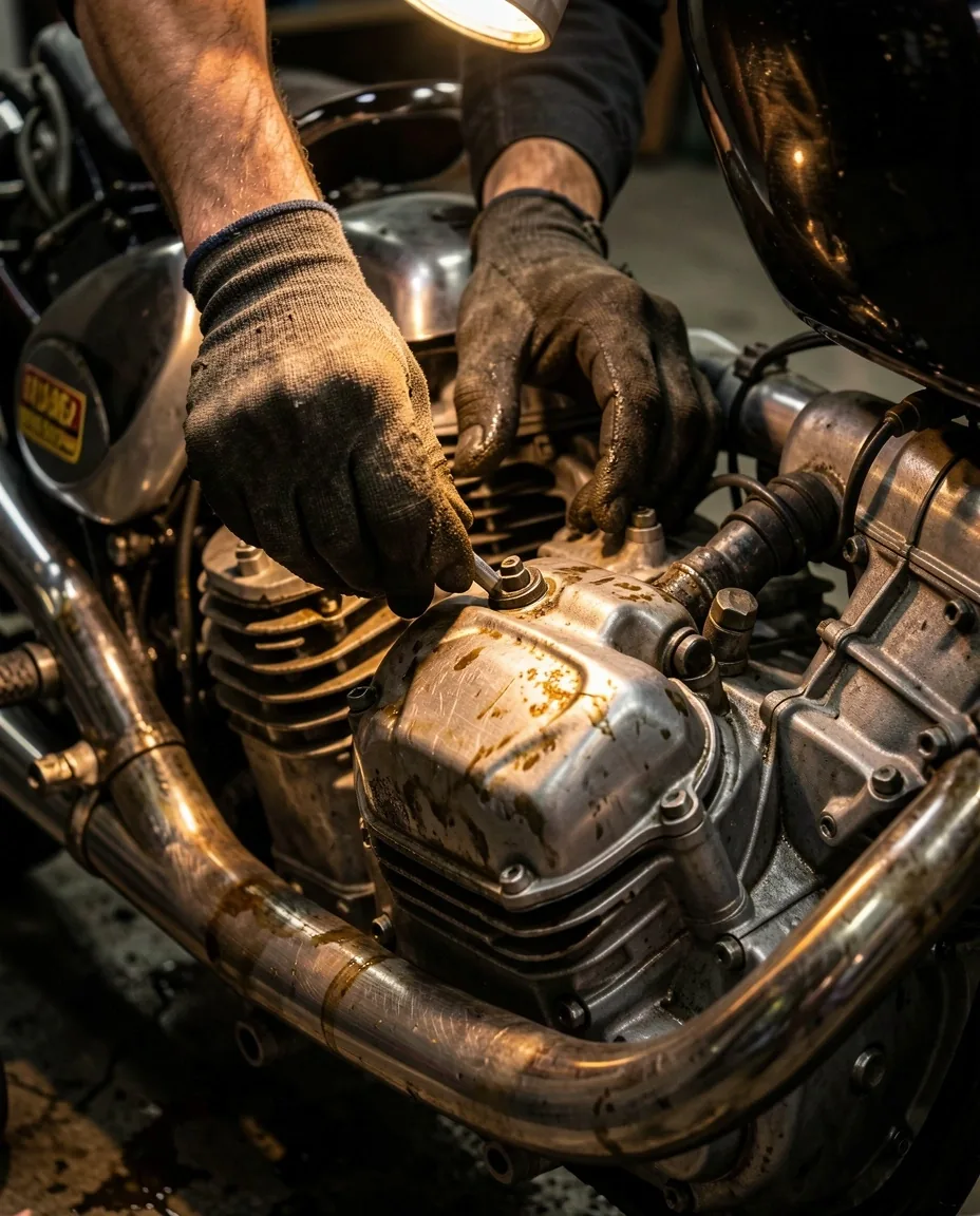 Warsztat motocyklowy Dilorian — praca mechanika przy silniku