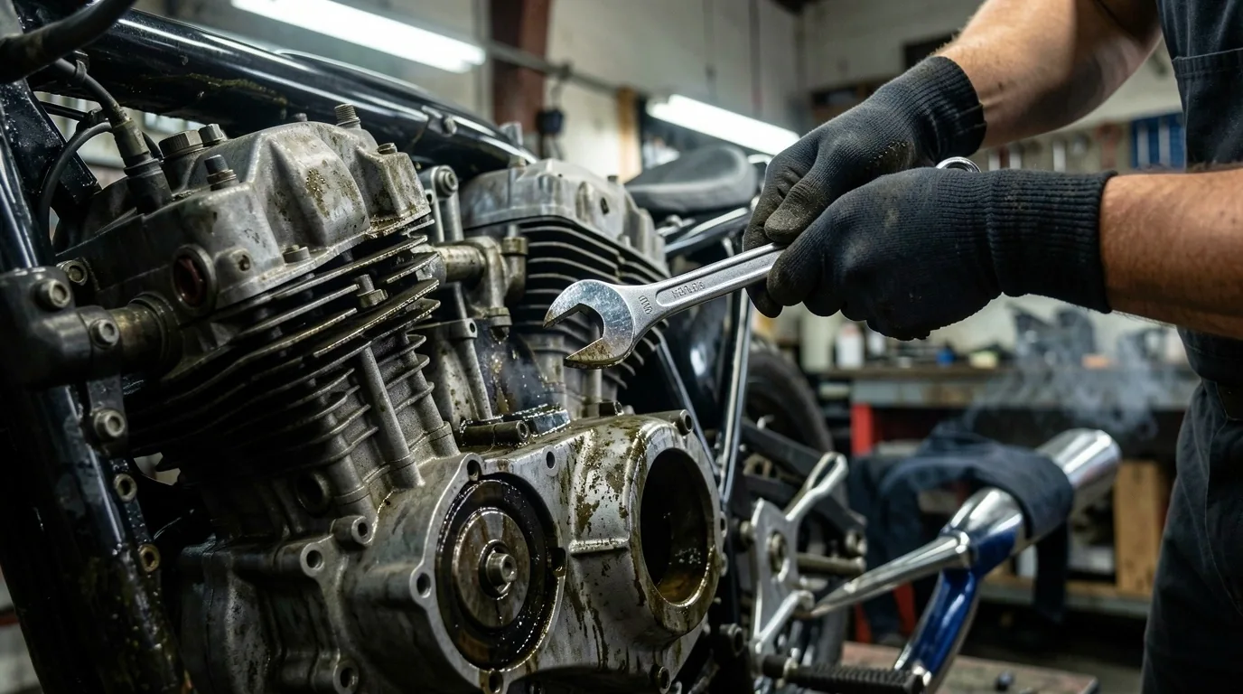 Mechanik Dilorian przy pracy nad silnikiem motocykla